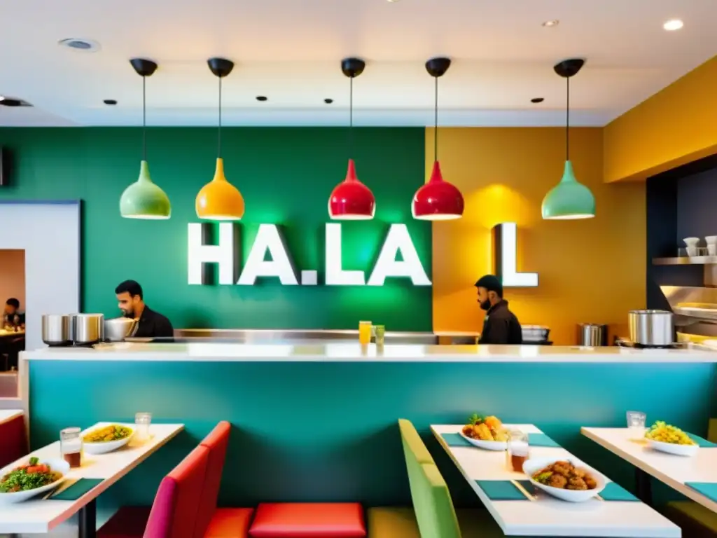 Un animado restaurante halal con comida saludable, un ambiente cálido y diverso