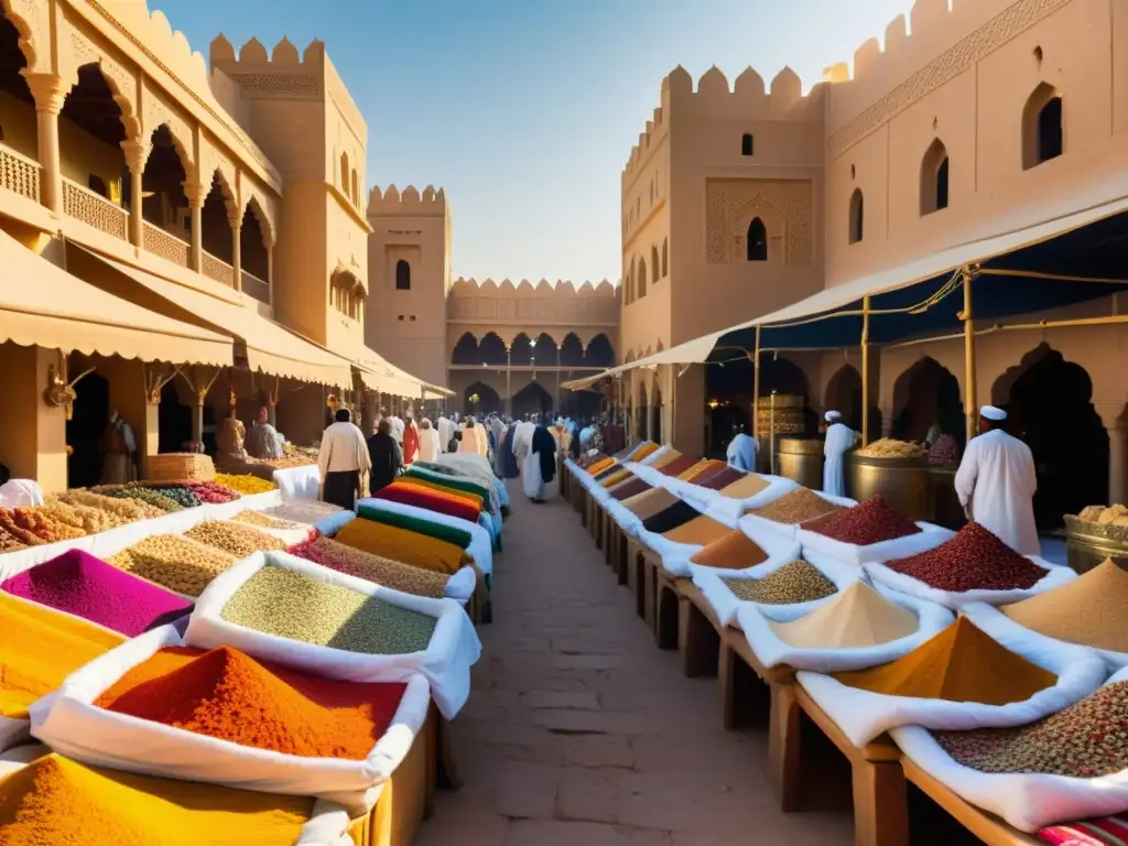 Un animado zoco en una antigua ciudad árabe, con textiles y especias coloridas, arquitectura ornamental y una energía vibrante