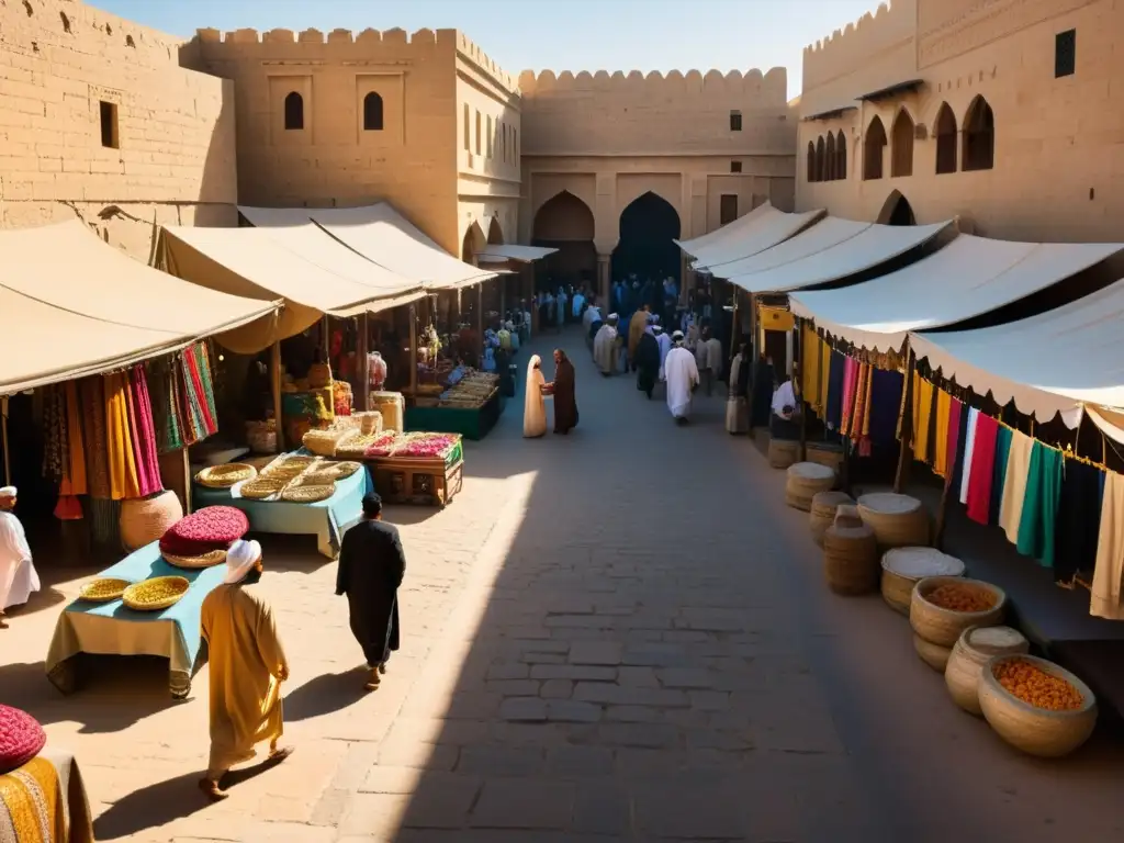 Un animado zoco en una antigua ciudad del Medio Oriente, con textiles coloridos colgando, vendedores regateando y la luz dorada del atardecer