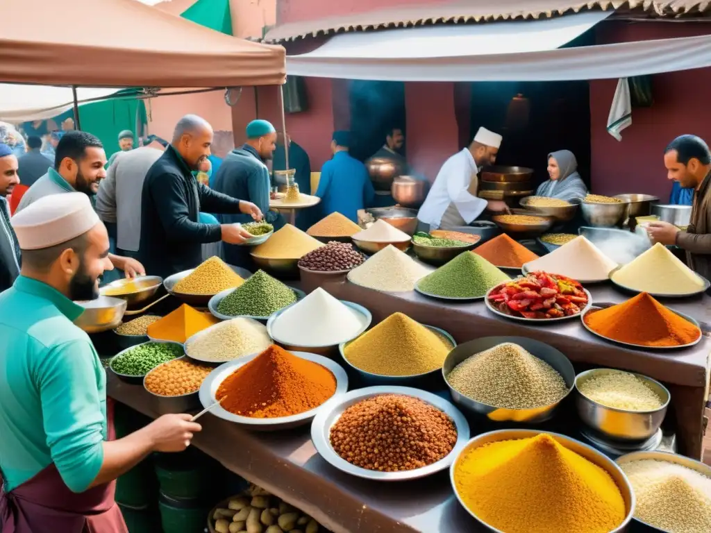 En el animado zoco de Marruecos, la cocina halal: sabores y secretos cobra vida con sus coloridos puestos y exquisitos platos