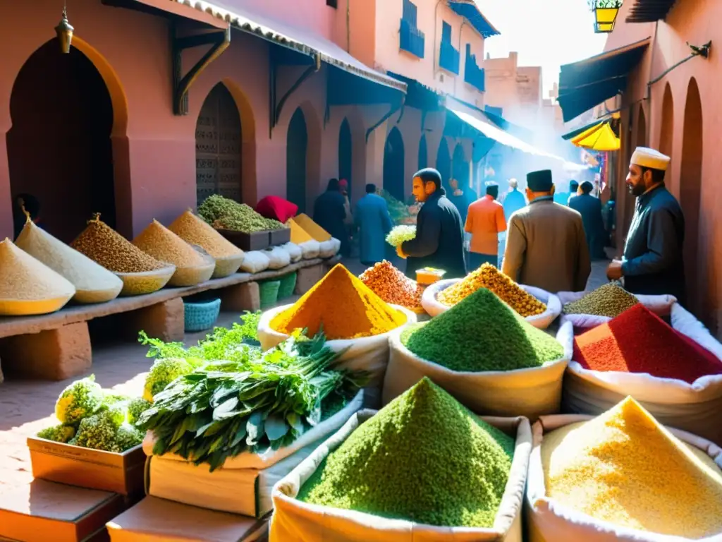 Un animado zoco en Marrakech, Marruecos, con vendedores ofreciendo una colorida variedad de hierbas y especias tradicionales