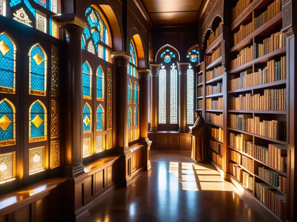 Antigua biblioteca iluminada por el sol, donde eruditos discuten preservación del conocimiento en califatos