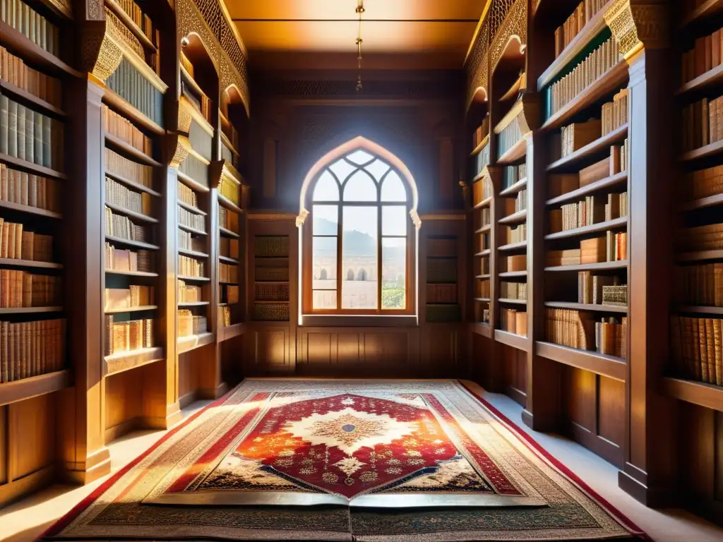 Antigua biblioteca islámica con anécdotas y poemas islámicos cruzados, decorada con manuscritos y alfombras ricamente ornamentadas