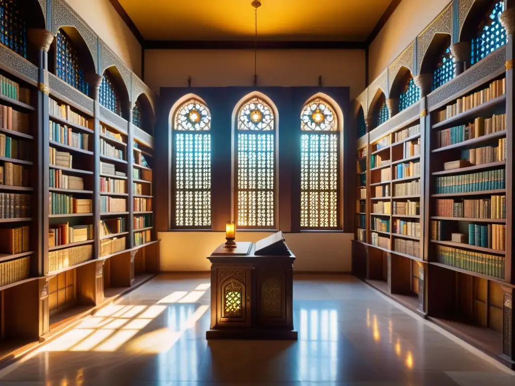 Antigua biblioteca islámica iluminada por luz dorada con manuscritos y eruditos