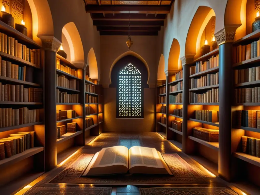 Antigua biblioteca islámica iluminada, con manuscritos en árabe