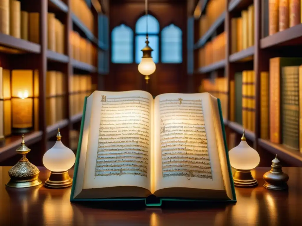 Antigua colección de manuscritos islámicos en biblioteca ornamentada, iluminada por lámparas antiguas, evocando historia del Islam en América