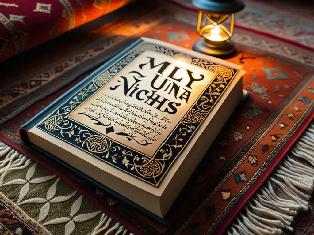 Mil y una noches: sabiduría y riqueza cultural islámica Una antigua copia desgastada de 'Mil y una noches' reposa en una opulenta alfombra persa, iluminada por una lámpara cercana