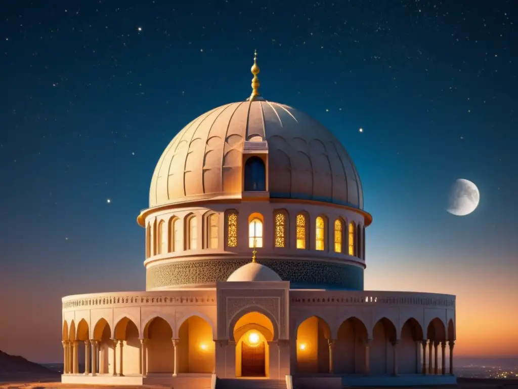 Una antigua observatorio islámico iluminado por la suave luz de la luna, evocando historia, espiritualidad y la conexión entre astronomía e Islam