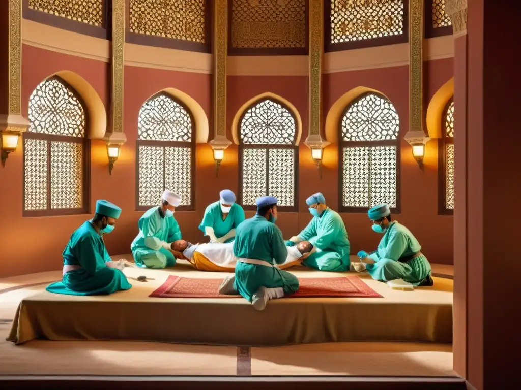 Teatro quirúrgico islámico: arte y ciencia en acción Antigua sala de cirugía islámica con detalles ornamentados y cálida iluminación natural