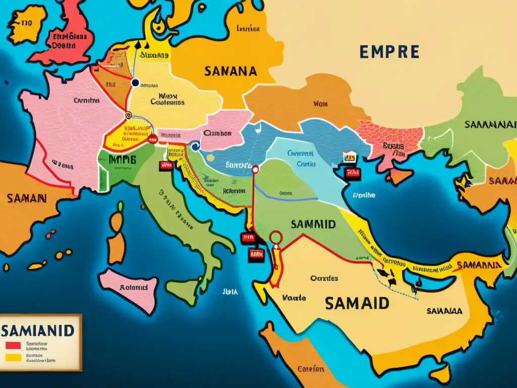 Un antiguo y detallado mapa del Imperio Samánida, muestra rutas de comercio y difusión del Islam en Asia Central