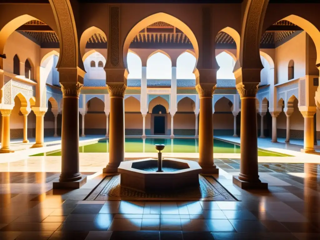 Un antiguo y hermoso madrasa islámico, con intrincados diseños de azulejos, un patio tranquilo y estudiantes debatiendo bajo arcos sombreados