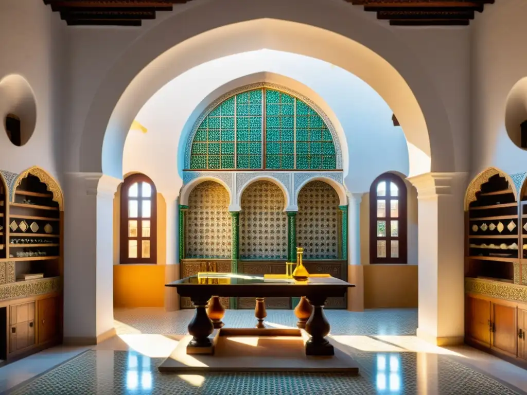 El laboratorio químico histórico de Córdoba: legado científico y cultural Antiguo laboratorio químico en Córdoba, España con detalles arquitectónicos árabes y actividad científica del mundo islámico