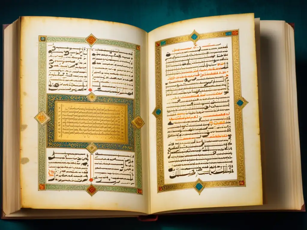 Antiguo manuscrito árabe con alquimia de palabras en Islam medieval, iluminado por luz de velas, con intrincada caligrafía y detalles vibrantes