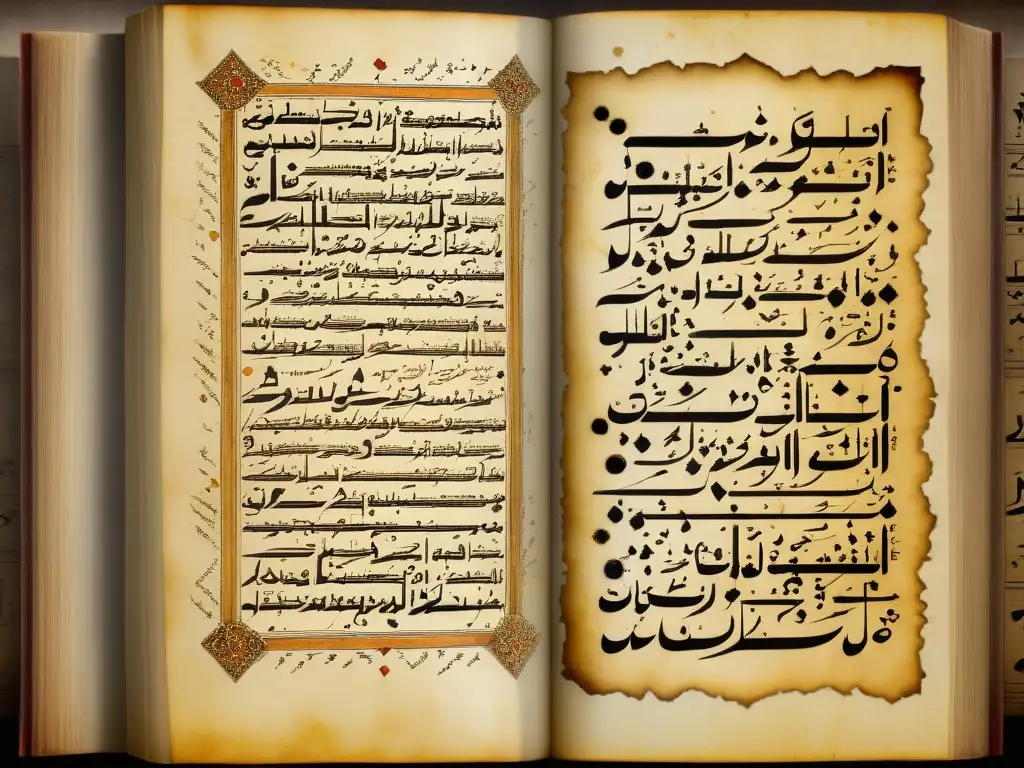 Antiguo manuscrito árabe con caligrafía detallada y diagramas de terminología química