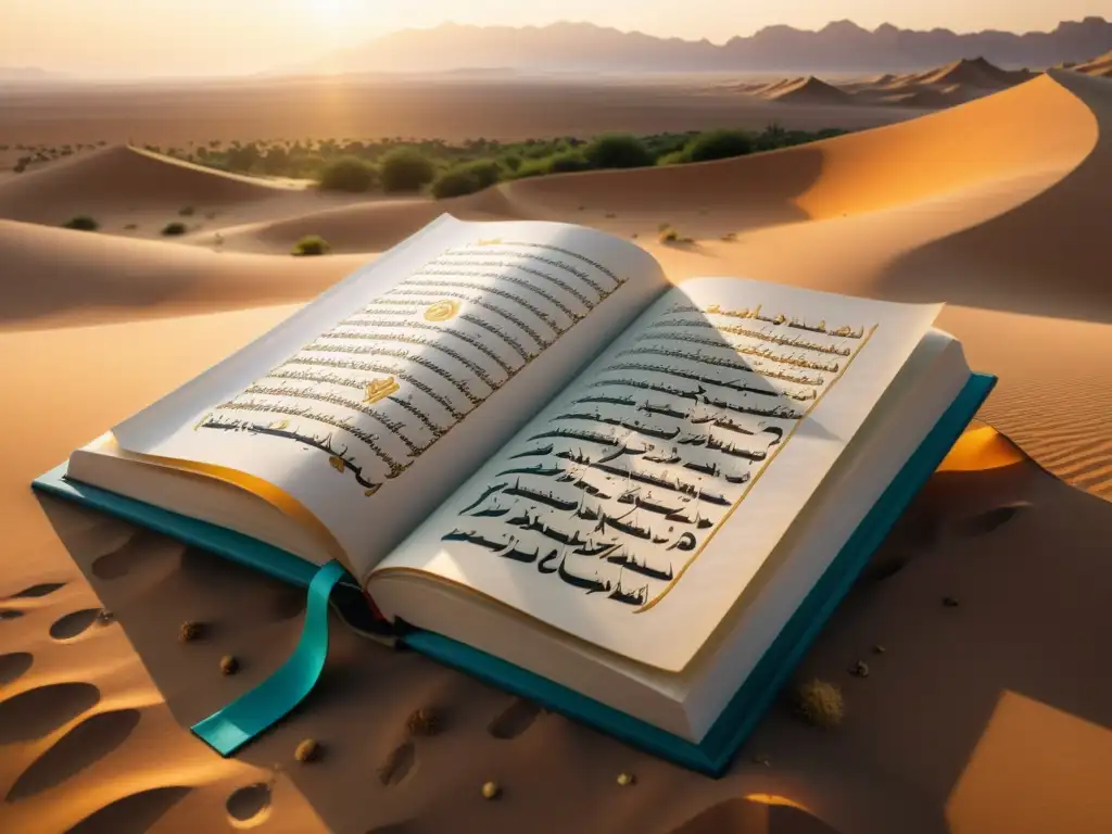 Manuscrito árabe: belleza milenaria en el desierto Antiguo manuscrito árabe con caligrafía e ilustraciones detalladas, en un paisaje desértico iluminado por el sol