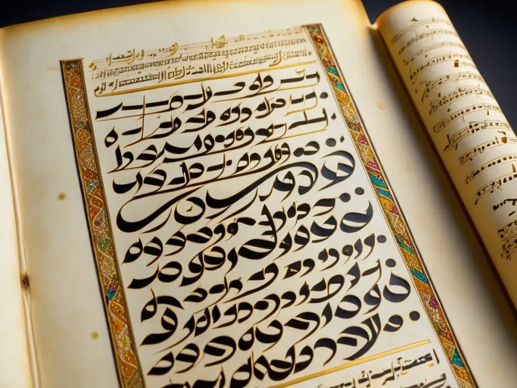 Un antiguo manuscrito con caligrafía árabe detallada y vibrantes colores, mostrando la armonía de sonidos en el Islam