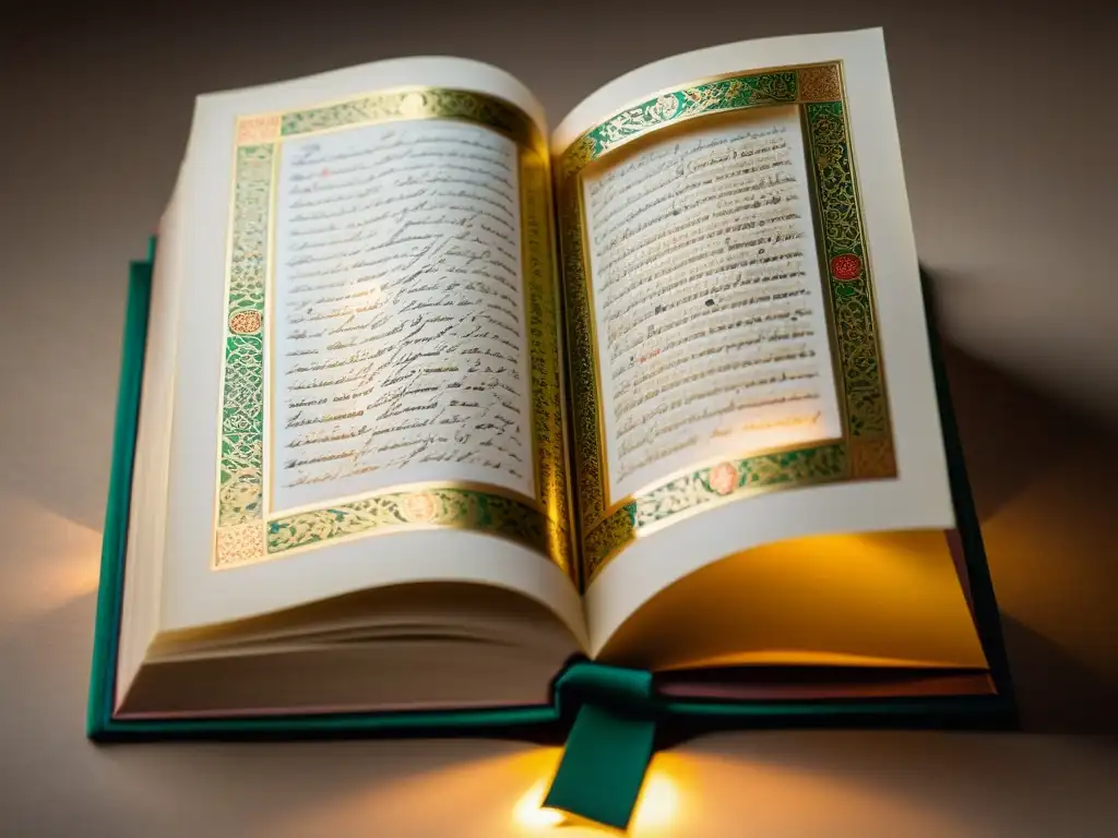 Un antiguo manuscrito del Hadith con caligrafía detallada y delicados detalles en oro, iluminado por una suave luz cálida