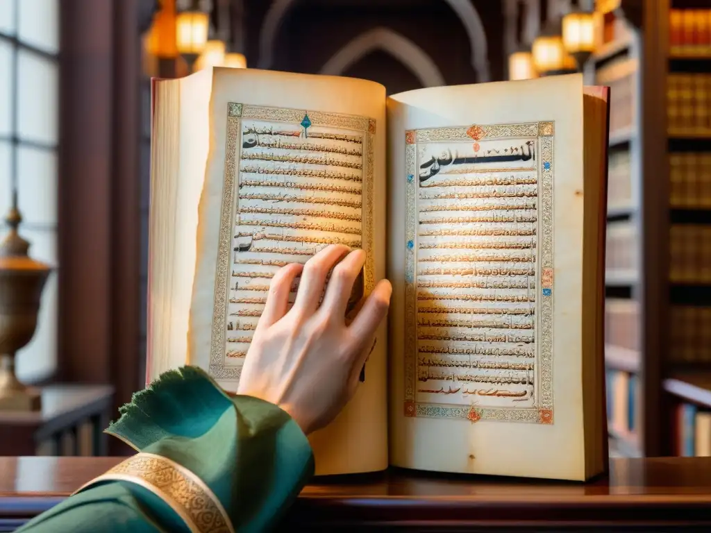 Un antiguo manuscrito islámico desplegado con reverencia en una iluminada biblioteca, evocando la difusión del conocimiento islámico