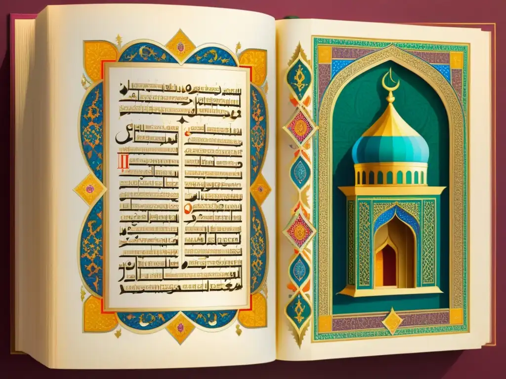 Un antiguo manuscrito islámico iluminado muestra intrincada caligrafía y patrones geométricos coloridos, resaltando la historia del Islam