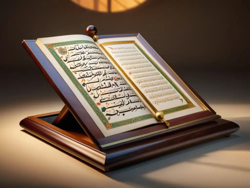 Antiguo manuscrito médico islámico en lectern de madera, iluminado por luz dorada