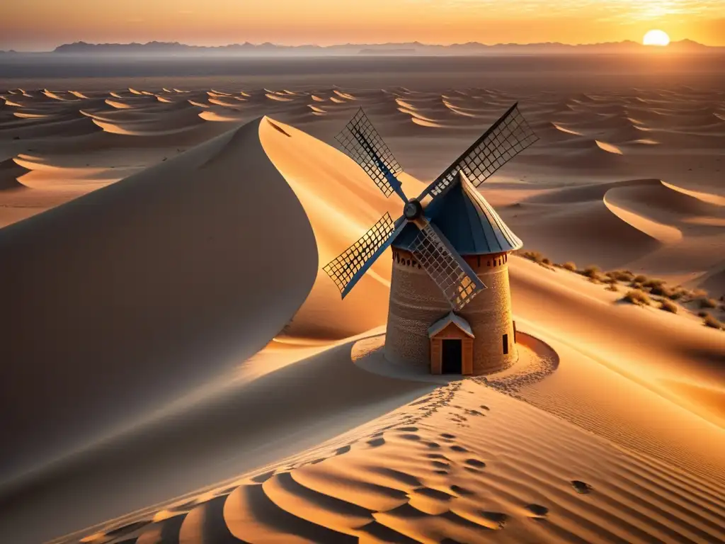 Un antiguo molino de viento islámico se alza en el desierto al atardecer, mostrando el legado islámico en energías renovables