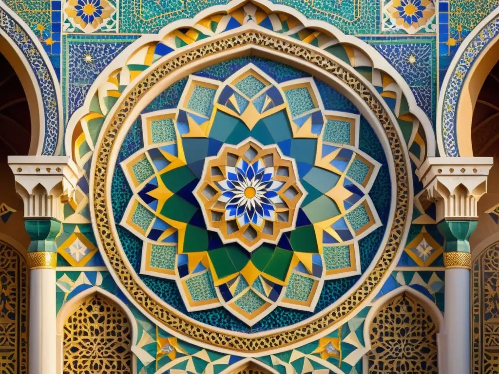 Un antiguo mosaico islámico de la Península Arábiga, deslumbrante y lleno de color, evocando la belleza de las joyas ocultas del islam