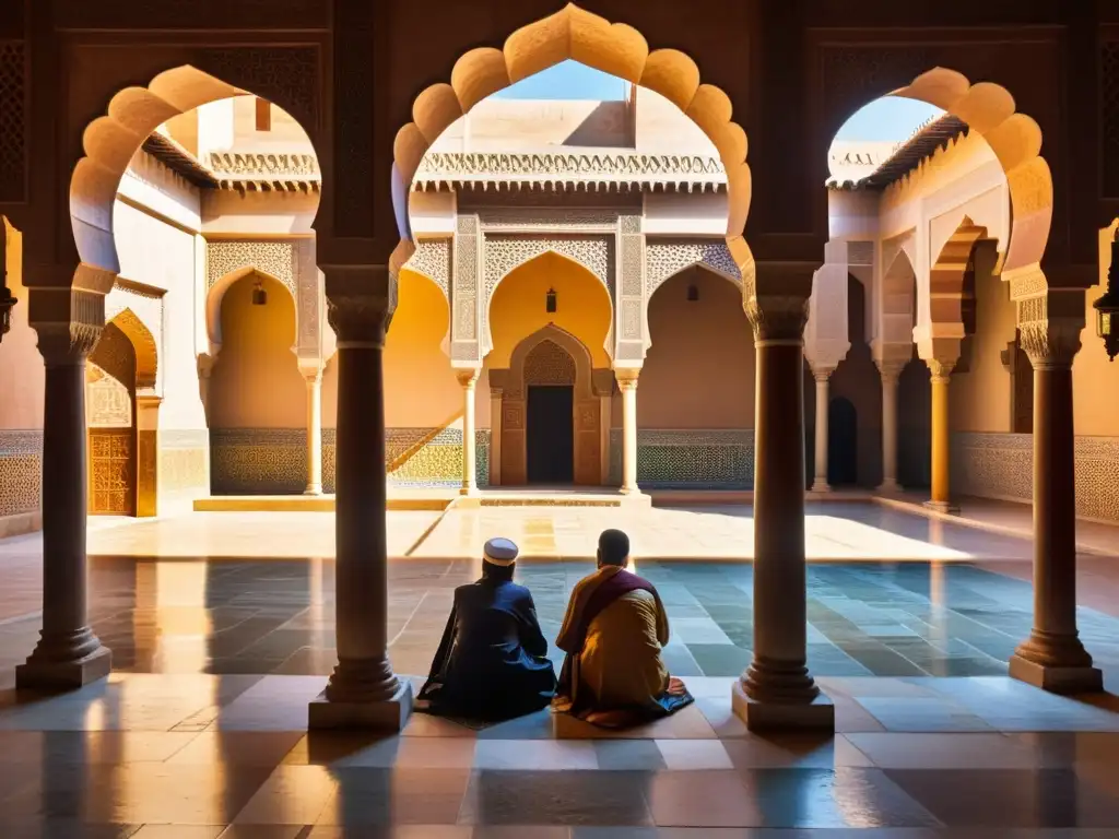 Antiguo patio de una madrasa con arcos de mármol y estudiantes en estudio, reflejando el papel de las madrasas en sociedad islámica