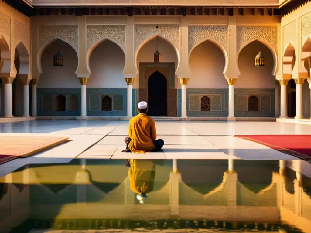 Un antiguo patio de mezquita bañado por la cálida luz dorada del atardecer, transmitiendo tranquilidad y espiritualidad con patrones arquitectónicos