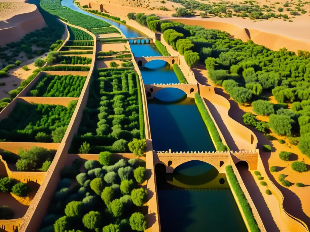 Antiguos acueductos y canales de riego en un paisaje desértico, con exuberante vegetación