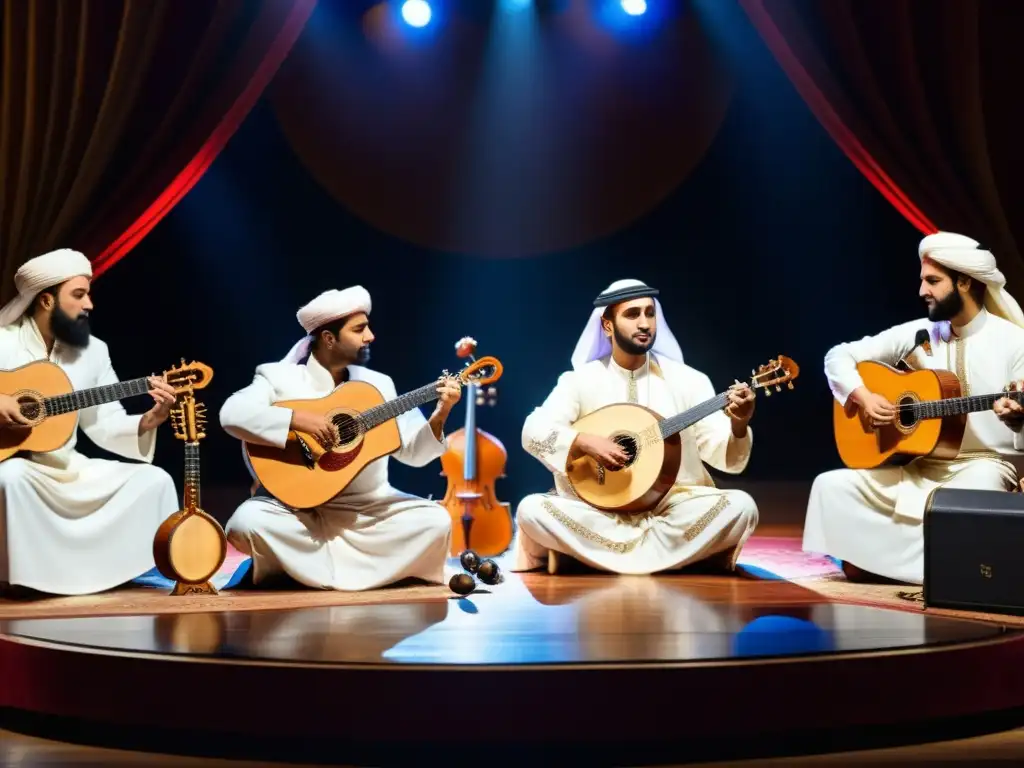 Apasionada presentación de músicos del Oriente Medio interpretando Maqam, con instrumentos tradicionales como el oud, qanun y ney