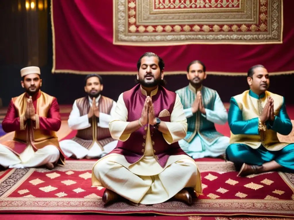 Apasionada actuación de qawwali, músicos vestidos con atuendos tradicionales, en una escena mística con decoración islámica y alfombras persas