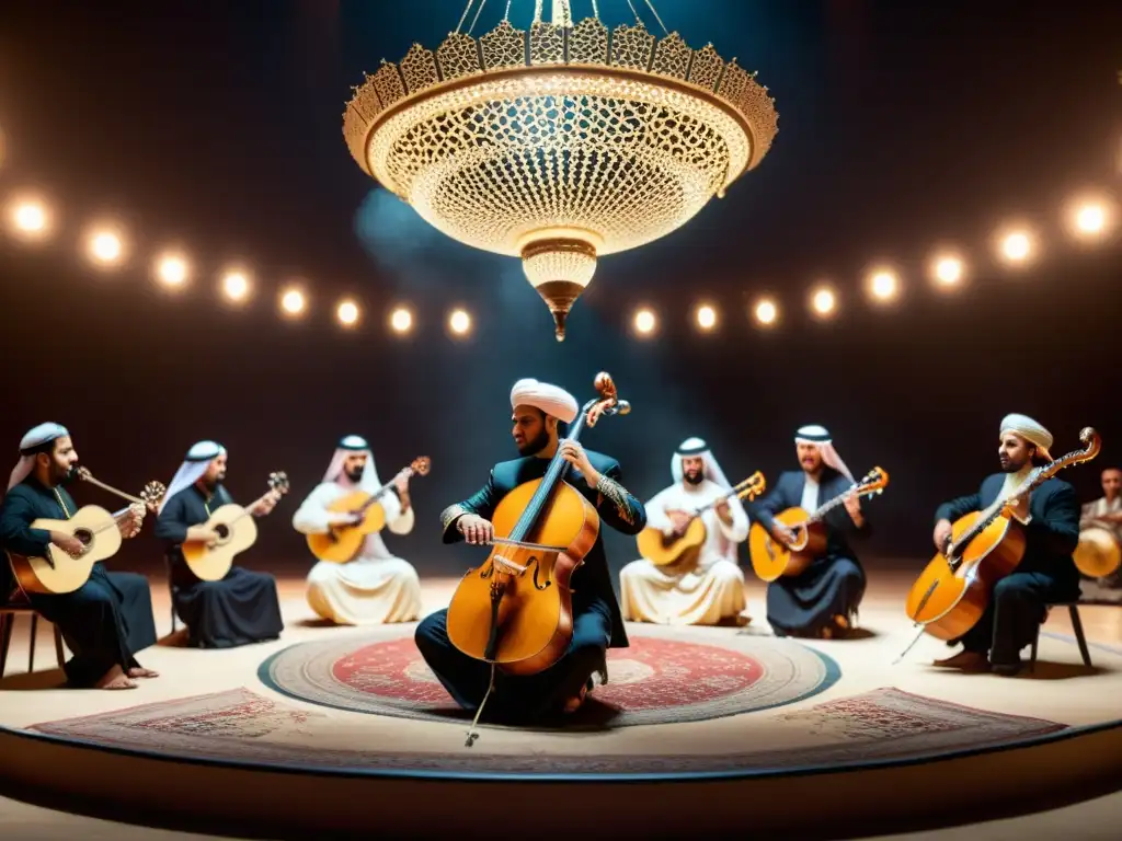 Un apasionante espectáculo de música árabe con músicos inmersos en el tarab, tocando instrumentos tradicionales bajo una cálida luz etérea