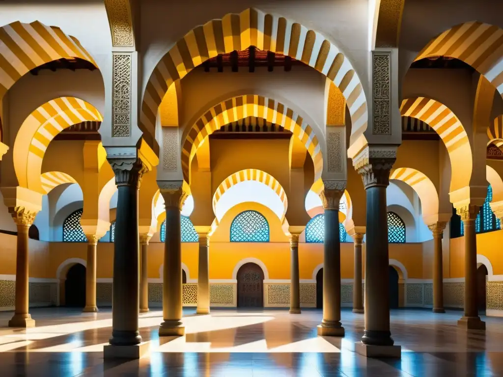 Apogeo cultural de Córdoba: Imagen impactante de la Gran Mezquita, con sus arcos, patrones y juego de luces y sombras