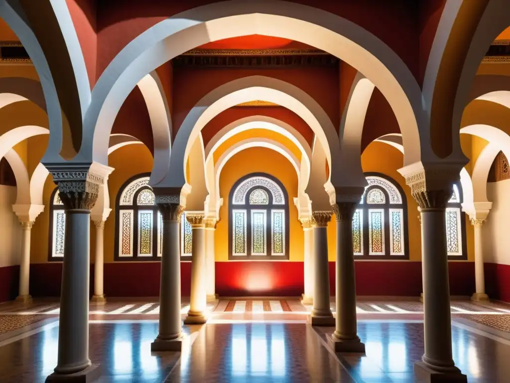 Apogeo cultural de Córdoba: Imagen realista de la Mezquita-Catedral, resaltando su arquitectura morisca e interacción de luz y sombra