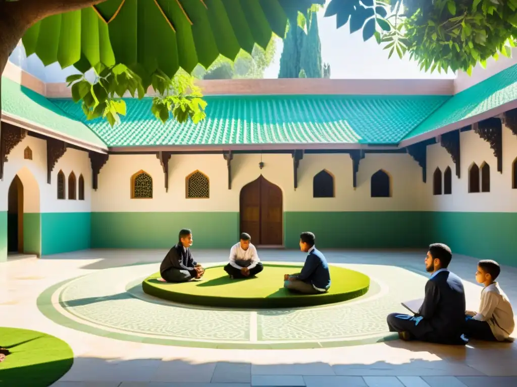 Conexión y aprendizaje en un tranquilo patio de escuela islámica, con estudiantes debatiendo bajo un árbol frondoso