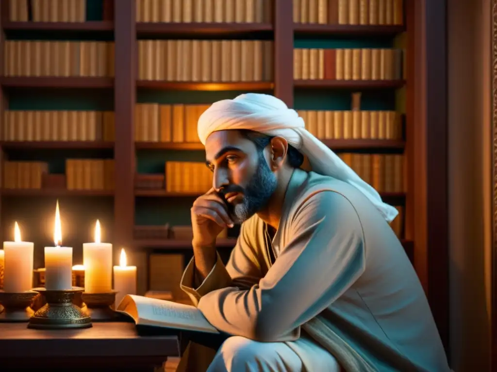 Ibn Arabi maestro del sufismo en contemplación rodeado de libros antiguos, emanando sabiduría y luz espiritual