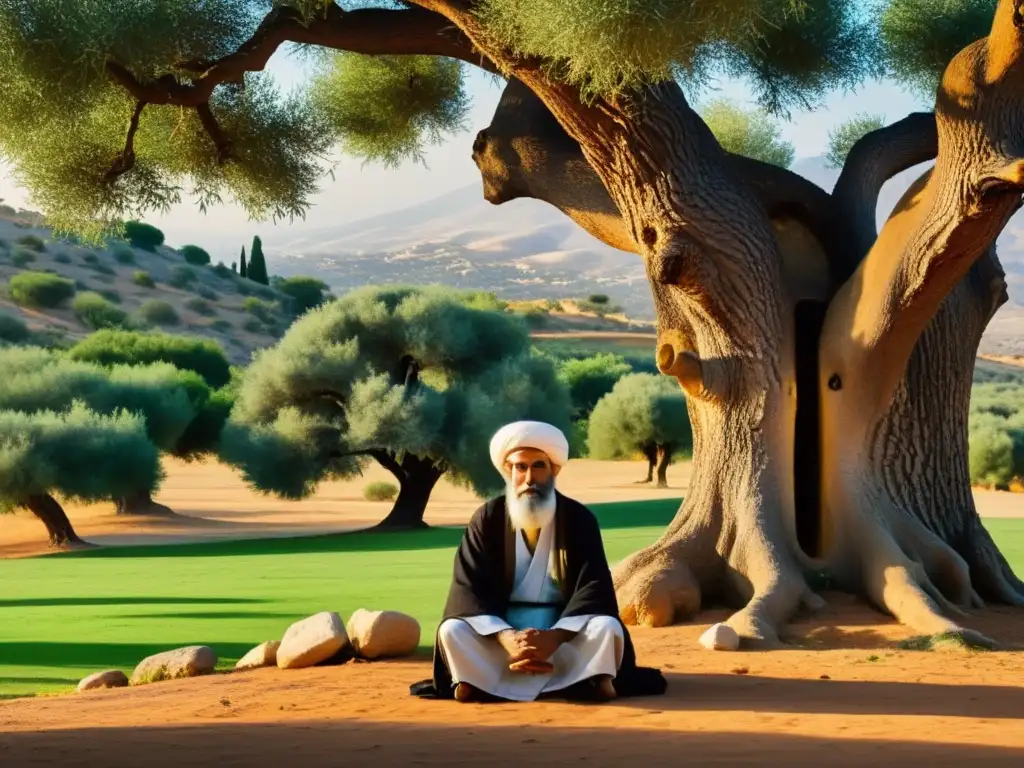 Ibn Arabi, maestro del sufismo, medita bajo un olivo ancestral, irradiando sabiduría y serenidad