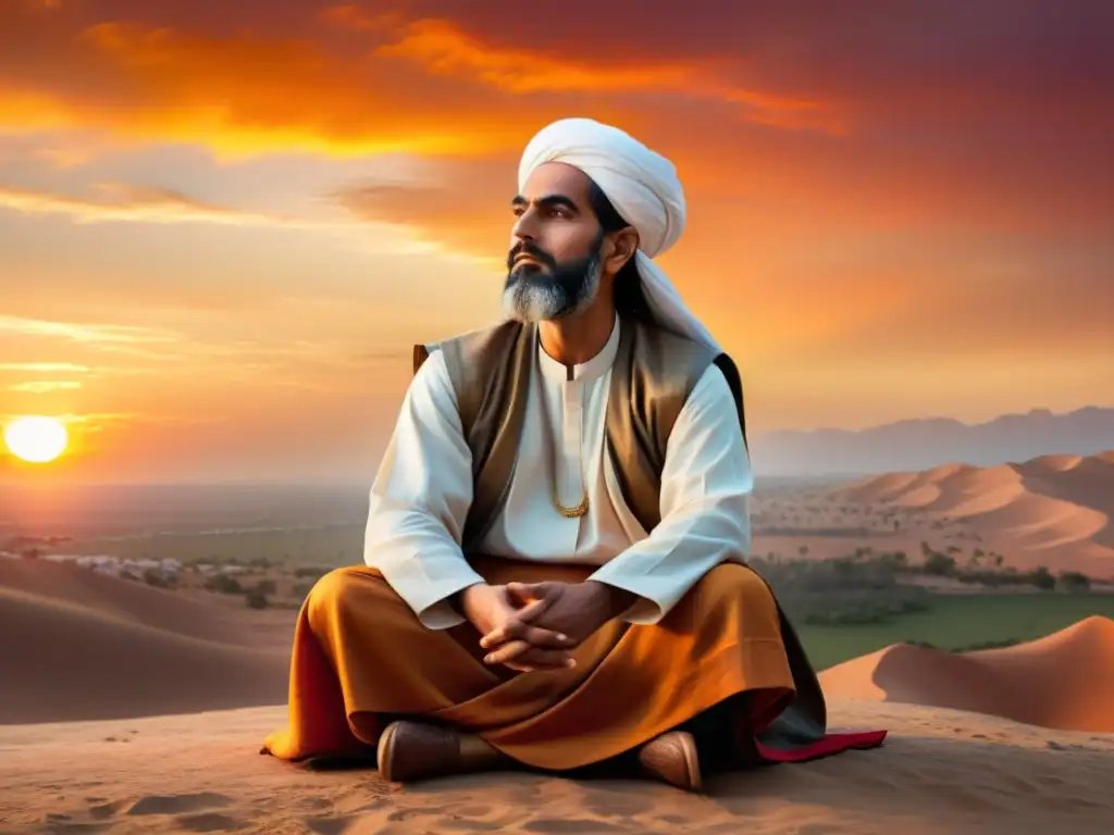 Ibn Arabi, maestro del sufismo, retratado en pose contemplativa ante un atardecer vibrante