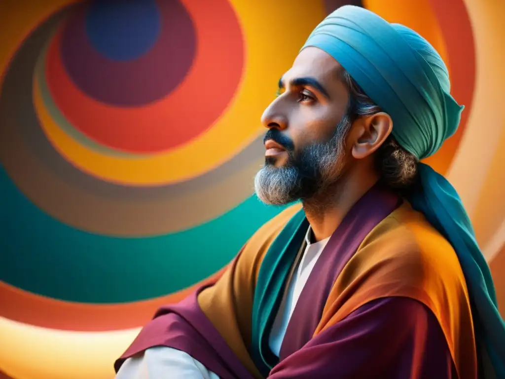 Ibn Arabi, maestro del sufismo, sentado en profunda contemplación, rodeado de colores vibrantes que representan la unidad del ser