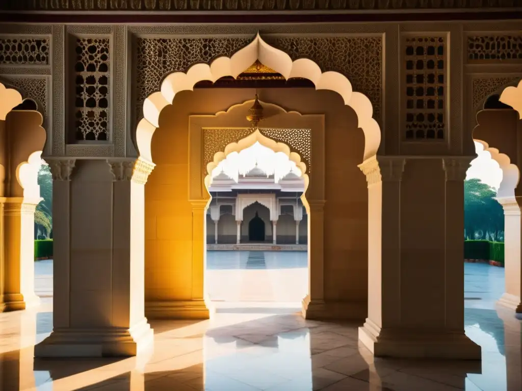 Arco de influencia islámica en palacio de la India, con detalles arquitectónicos y colores vibrantes