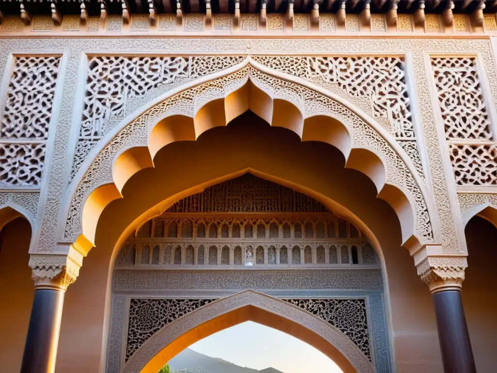 Arco tallado en la Alhambra con patrones geométricos y caligrafía árabe, iluminado por el cálido sol sobre Sierra Nevada