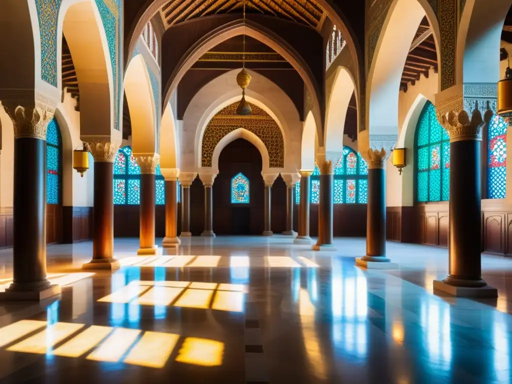 Salón califal con poesía árabe, arcos ornamentados, columnas de mármol y luz solar a través de vitrales