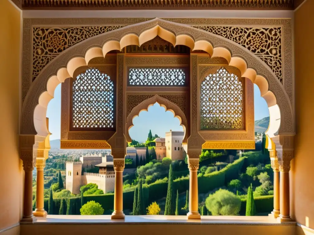 Restauración arquitectónica del legado islámico en la majestuosa Alhambra de Granada, con sus detalles artísticos bañados por la cálida luz del sol y las montañas de Sierra Nevada al fondo, creando un ambiente de asombro y maravilla