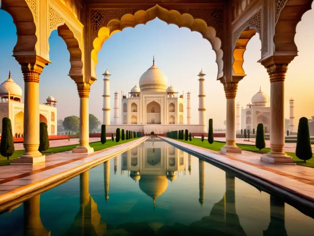 El Taj Mahal al amanecer, con su arquitectura de mármol blanco brillando en la luz dorada, reflejándose en el agua tranquila