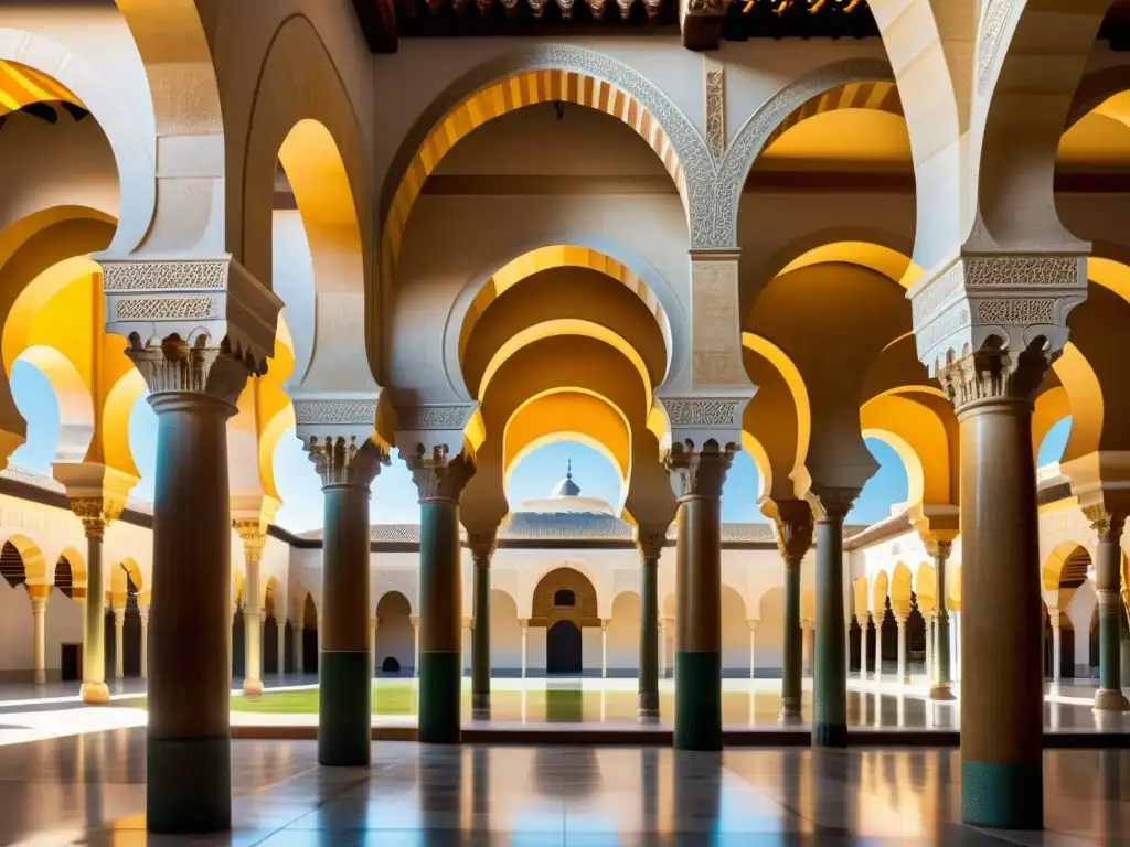 Arquitectura islámica AlÁndalus: Majestuosa mezquita de Córdoba, con arcos, columnas y patrones geométricos