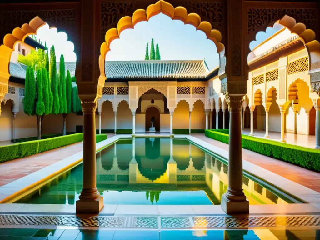 Courtyard de la Alhambra, Granada, con arquitectura islámica, piscinas y vegetación, reflejando paz y historia