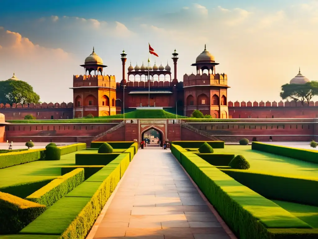 Arquitectura palaciega Sultanato Delhi: Vista impresionante del majestuoso Fuerte Rojo en Delhi, con sus intrincados diseños y exuberantes jardines