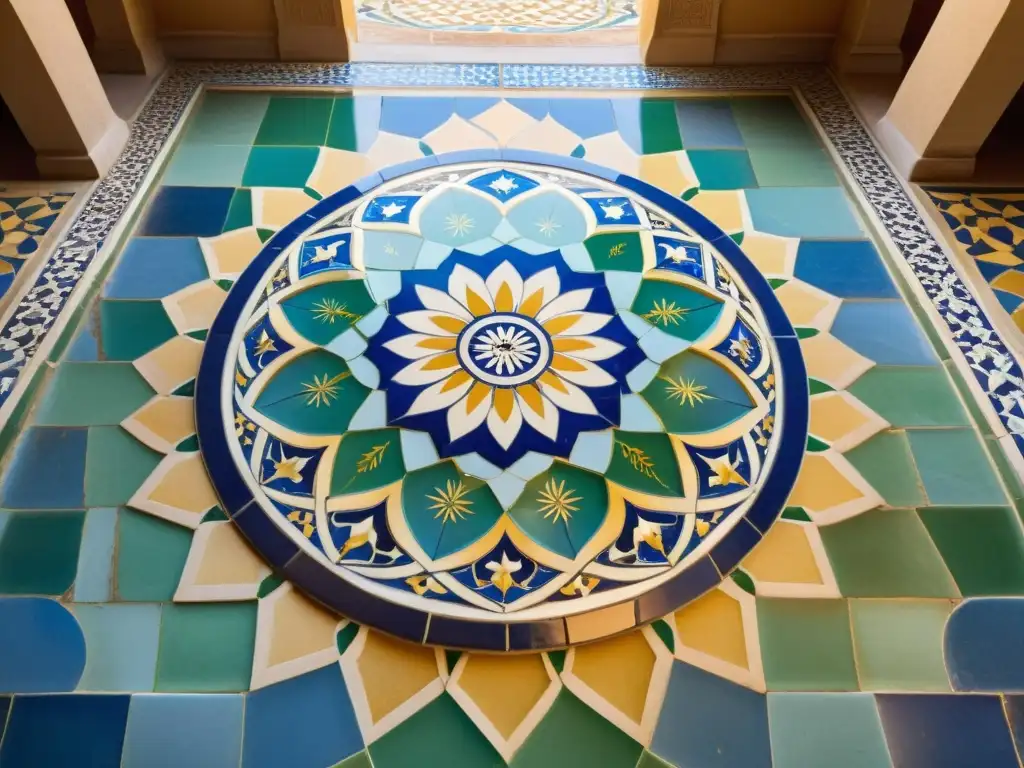 Arte cerámico islámico impacto mundial: Patio con azulejos islámicos en tonos vibrantes, patrones geométricos y fuente serena