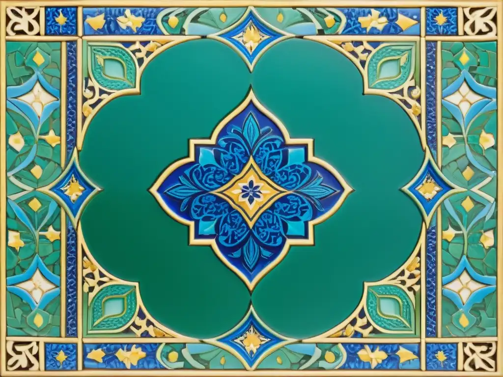 Arte cerámico islámico impacto mundial: Mosaico de azulejos vibrantes con patrones geométricos y colores brillantes