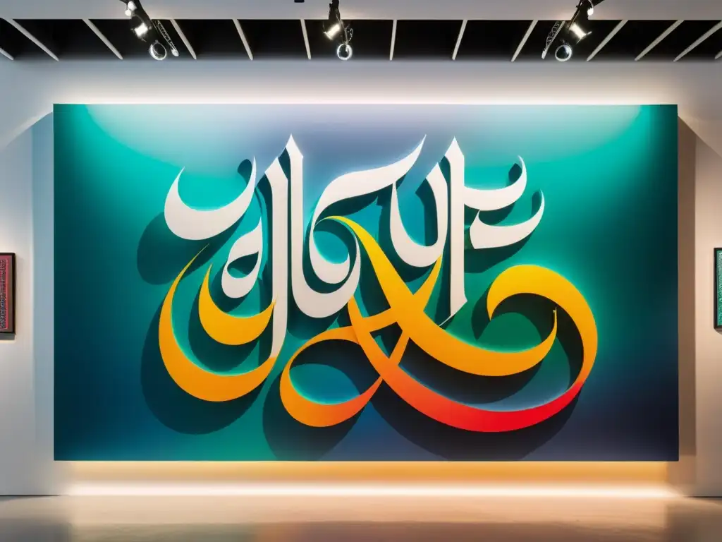 Exposición de arte contemporáneo con caligrafía árabe reinventada en un elegante espacio minimalista, visitantes admirando las obras